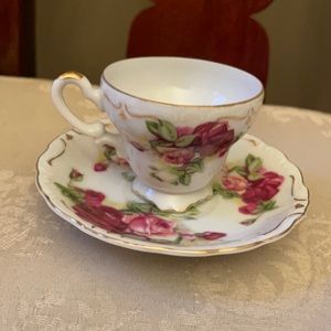 Vintage Cherry China porcelain demitasse espresso tea cup saucer set gold gilt